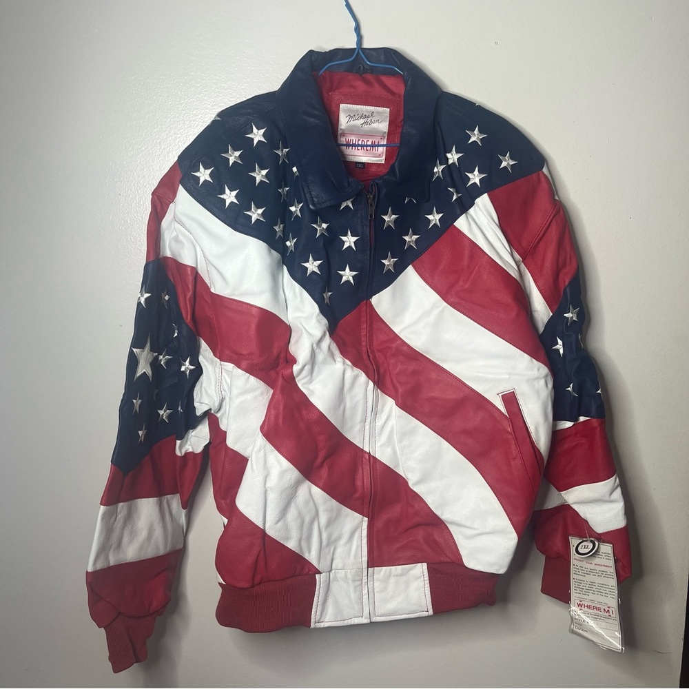 New With Tags Michael Hoban Wheremi USA Flag Leather Jacket Mens 2XL